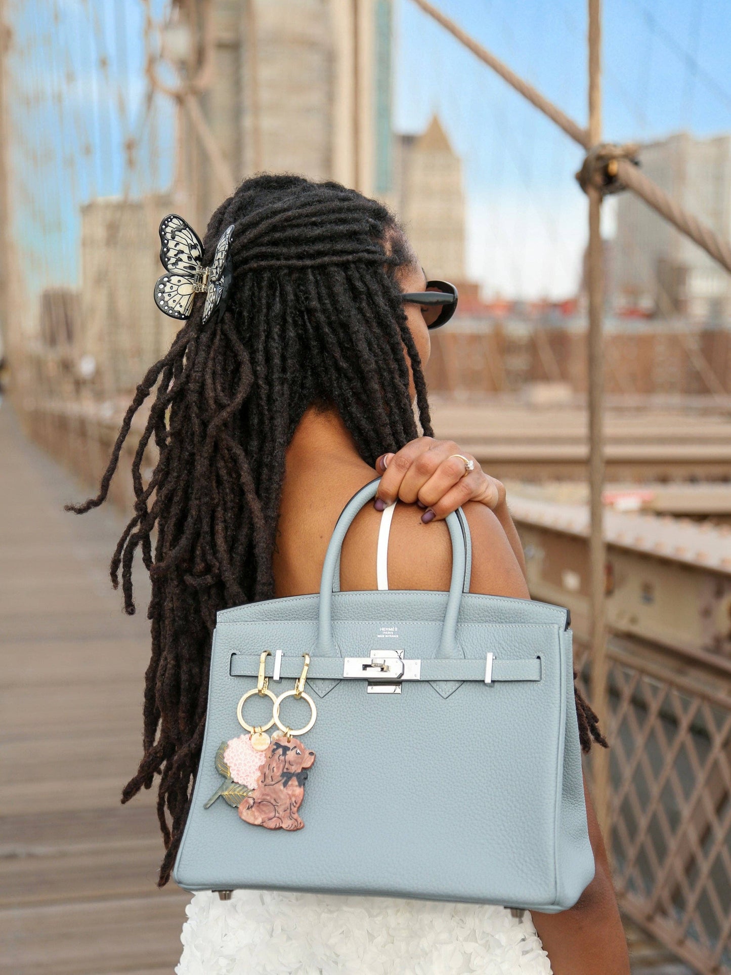Hand-painted Hydrangea Bag Charm + Keychain | Eco-Friendly: Baby Blue