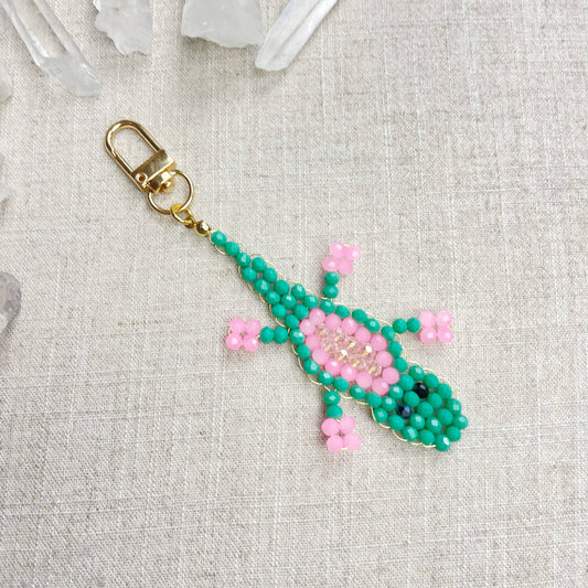 Gator// Seafoam Glass Beaded Alligator Charm Keychain